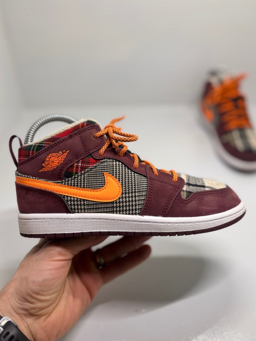 Nike Air Jordan 1 Mid GS Plaid Orange FD5461-608 Youth 3Y Burgundy Wool Sneaker - Picture 11 of 13